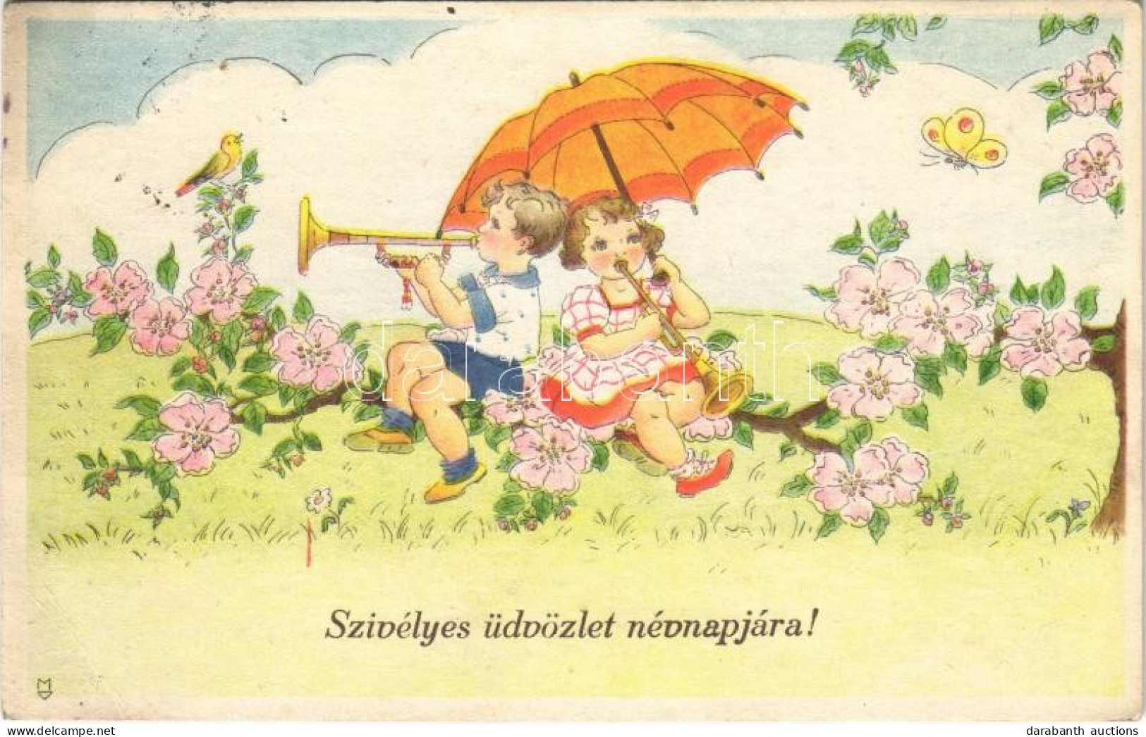 * T3 Szívélyes üdvözlet Névnapjára! / Name Day Greeting Art Postcard, Children With Trumpets (EB) - Unclassified