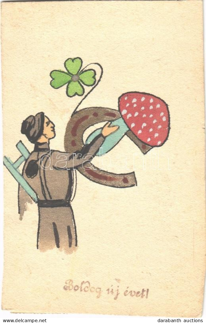 T4 Boldog Újévet! / New Year Greeting Card With Chimney Sweeper, Mushroom, Clover And Horseshoe (vágott / Cut) - Ohne Zuordnung