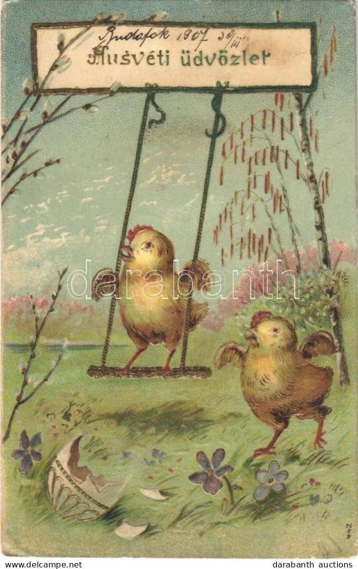 T2/T3 1907 Húsvéti üdvözlet / Easter Greeting Art Postcard, Chicken. Emb. Litho (EK) - Sin Clasificación