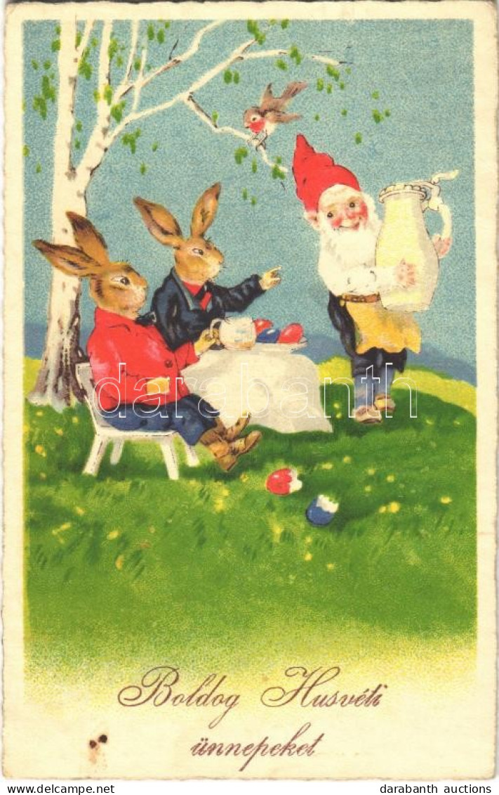 T2/T3 1934 Boldog Húsvéti ünnepeket! / Easter Greeting Art Postcard, Rabbits With Dwarf (EK) - Sin Clasificación