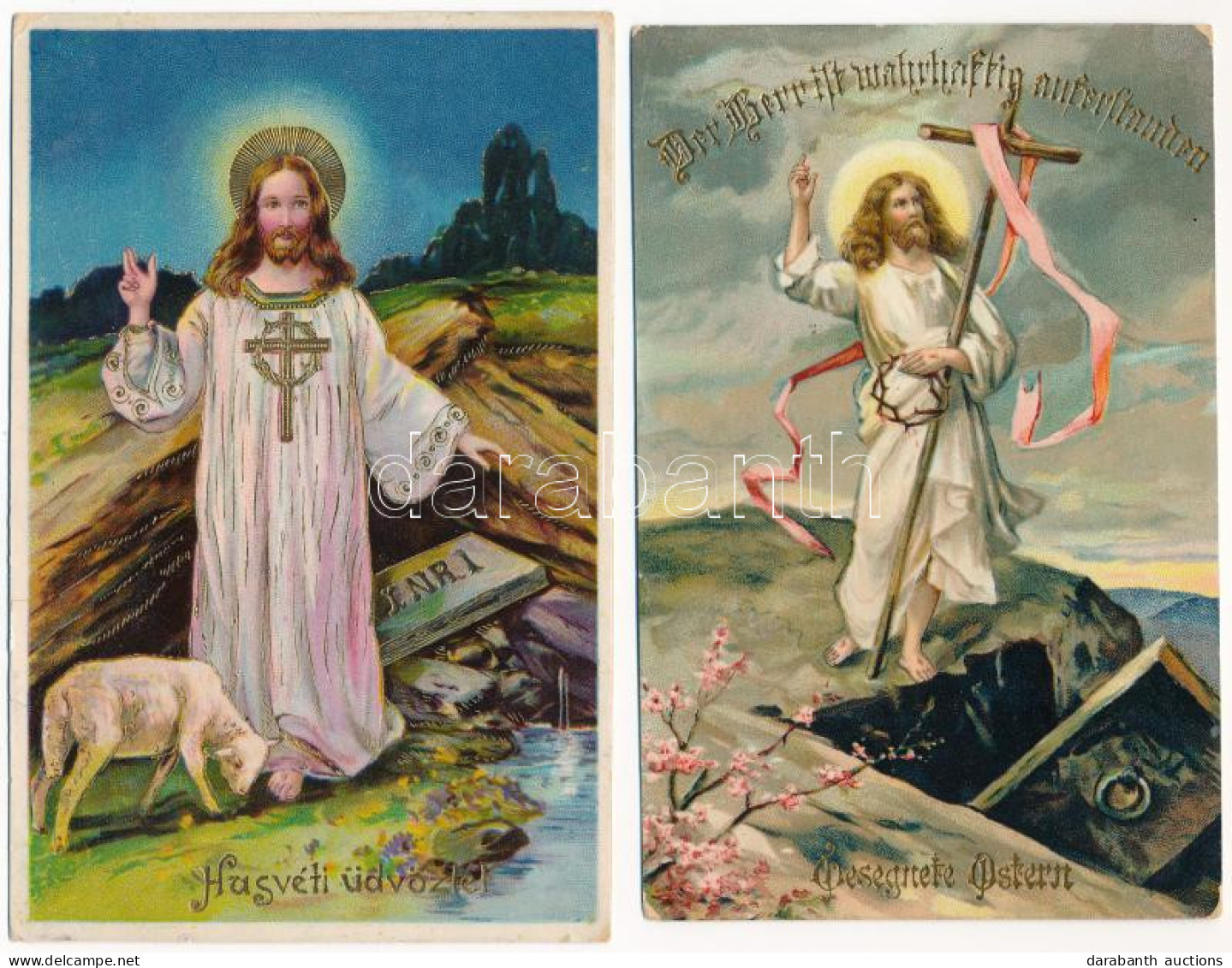 2 Db RÉGI Húsvéti üdvözlőlap Jézussal / 2 Pre-1945 Easter Greeting Art Postcards With Jesus - Unclassified