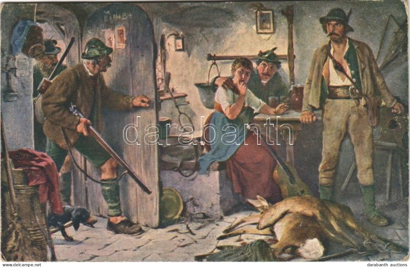 * T2/T3 Überraschte Wilderer / Hunter Art Postcard S: H. Kaufmann - Ohne Zuordnung