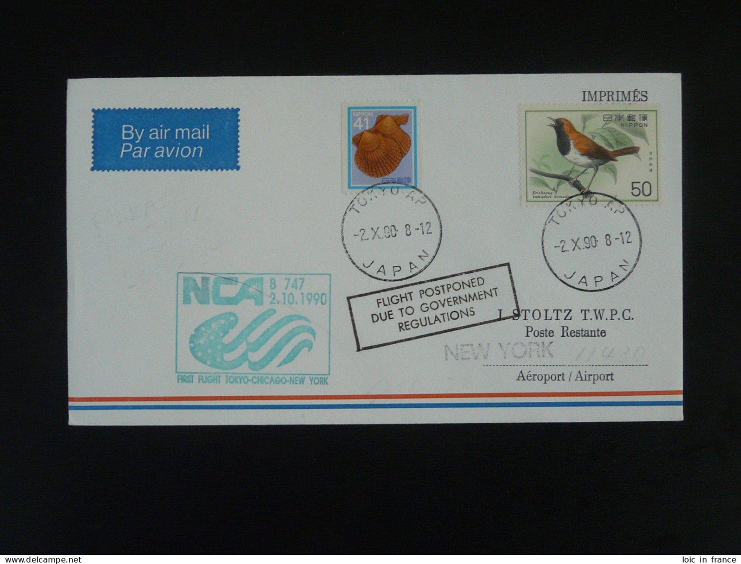 Lettre Premier Vol First Flight Cover Tokyo New York Boeing 747 NCA Japon Japan 1990 - Covers & Documents