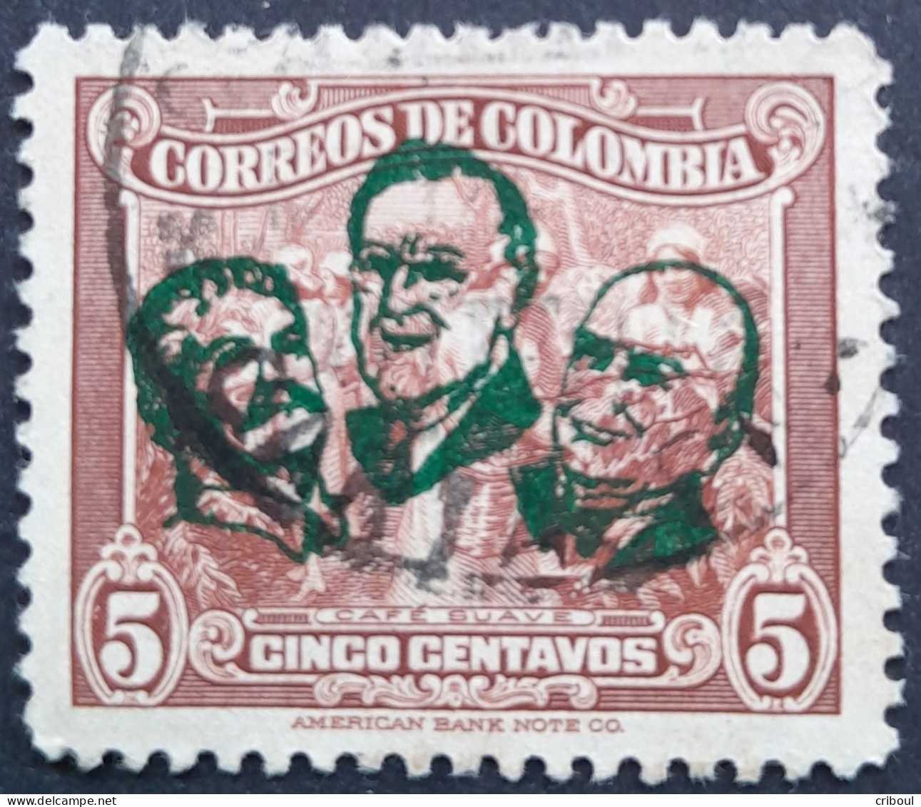 Colombie Colombia 1943 Agriculture Café Surcharge Verte Green Overprint Staline Roosevelt Churchill Yvert 359 O Used - Sir Winston Churchill