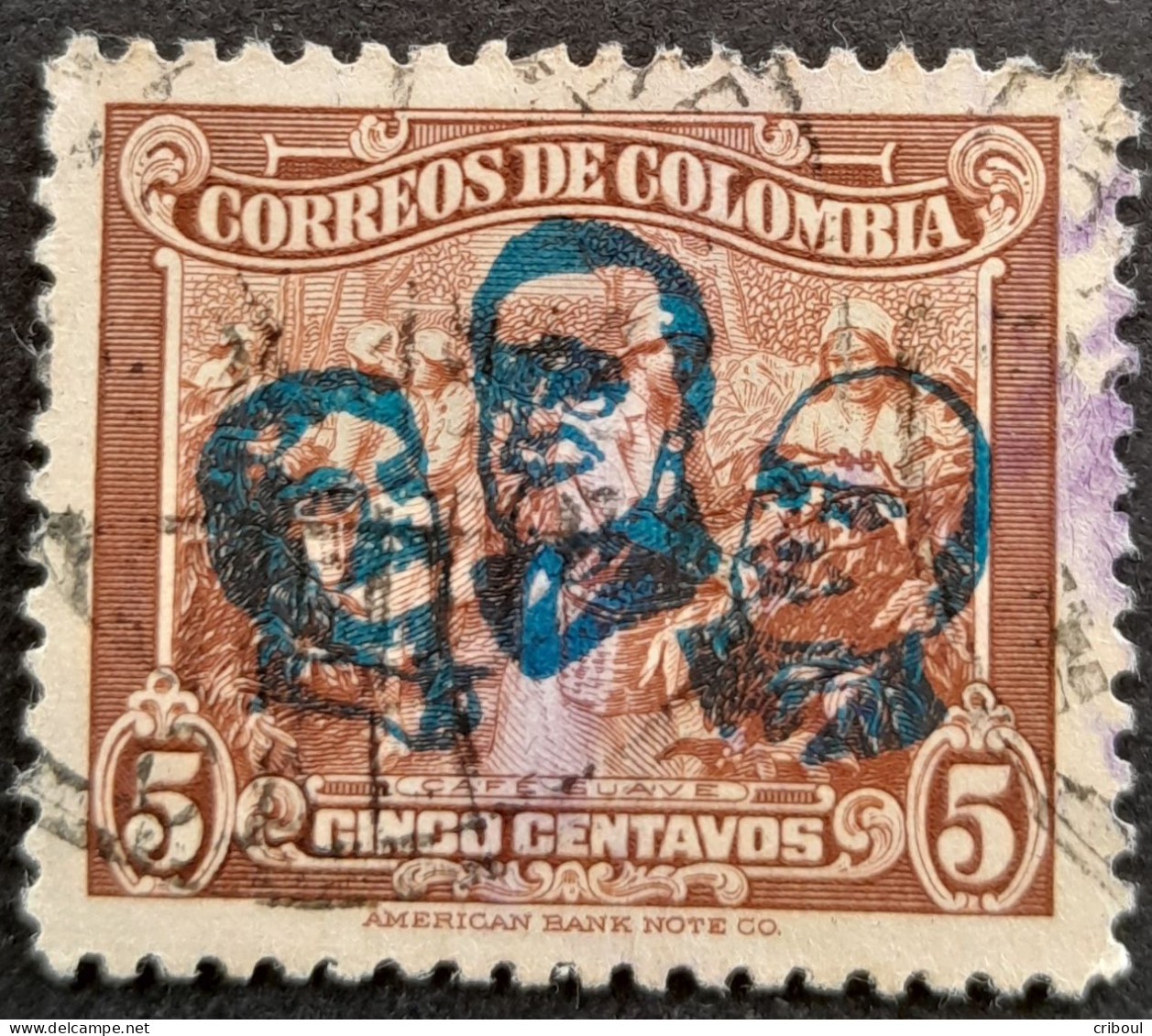 Colombie Colombia 1943 Agriculture Café Surcharge Bleue Blue Overprint Staline Roosevelt Churchill Yvert 359 O Used - Sir Winston Churchill
