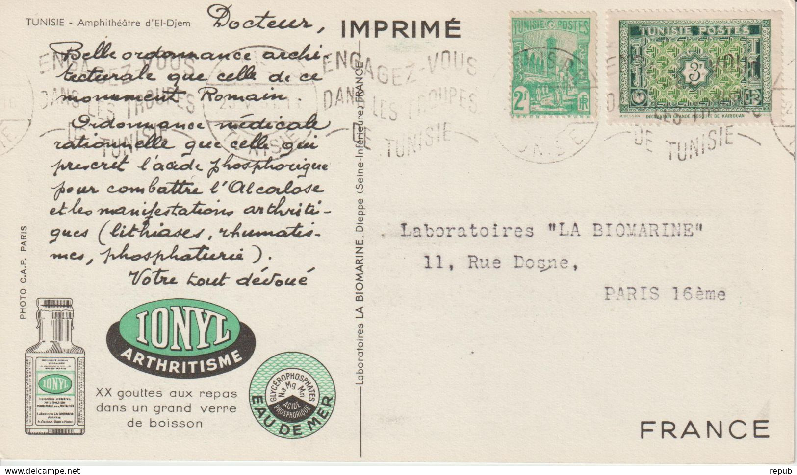 Tunisie 1953 Carte Ionyl Biomarine Amphithéatre D'El-Djem - Briefe U. Dokumente