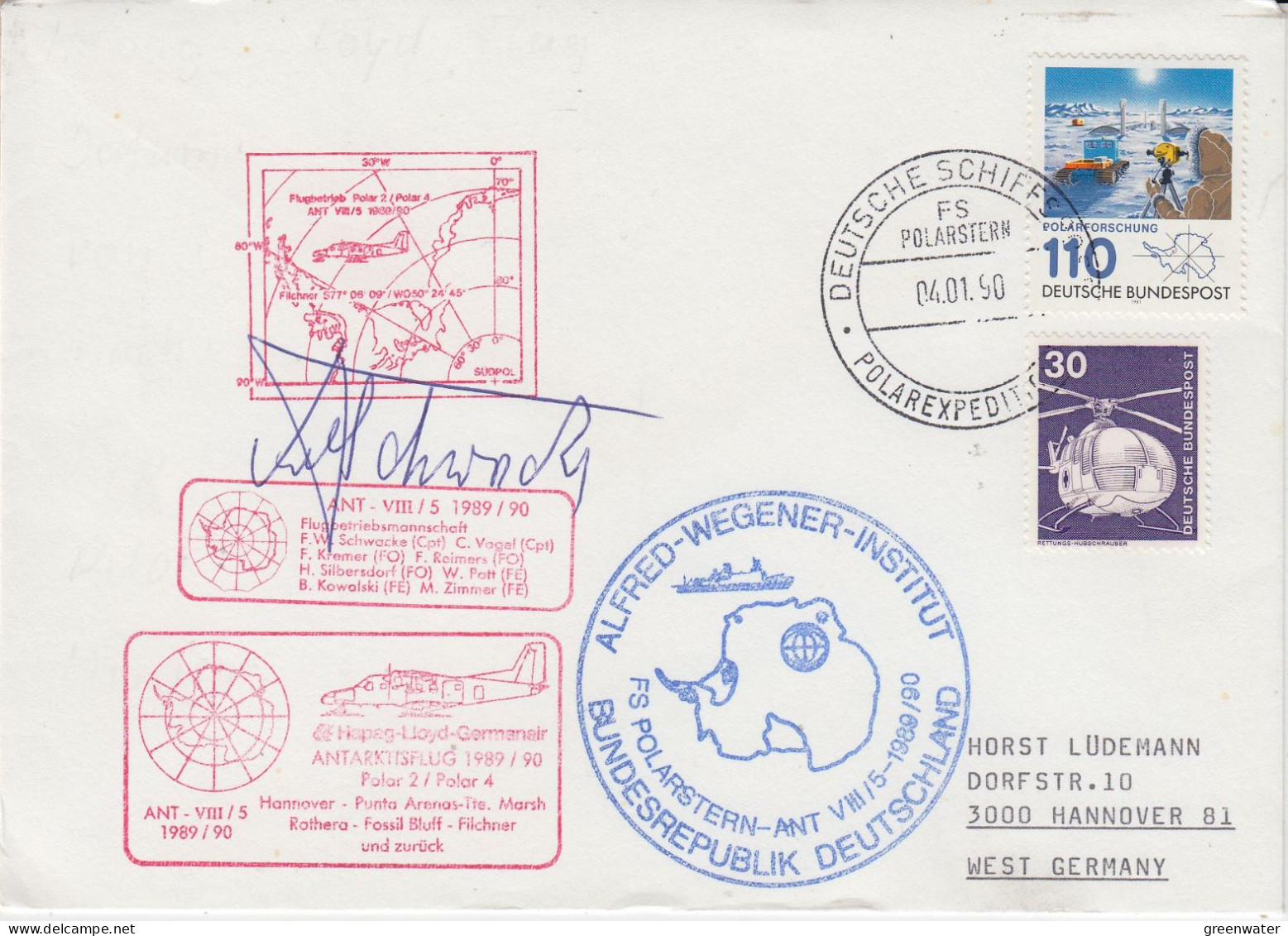 Germany Polarstern Polar Fight Polar 2 / Polar 4 Signature Ca Polarstern 04.01.1990 (SZ164) - Voli Polari