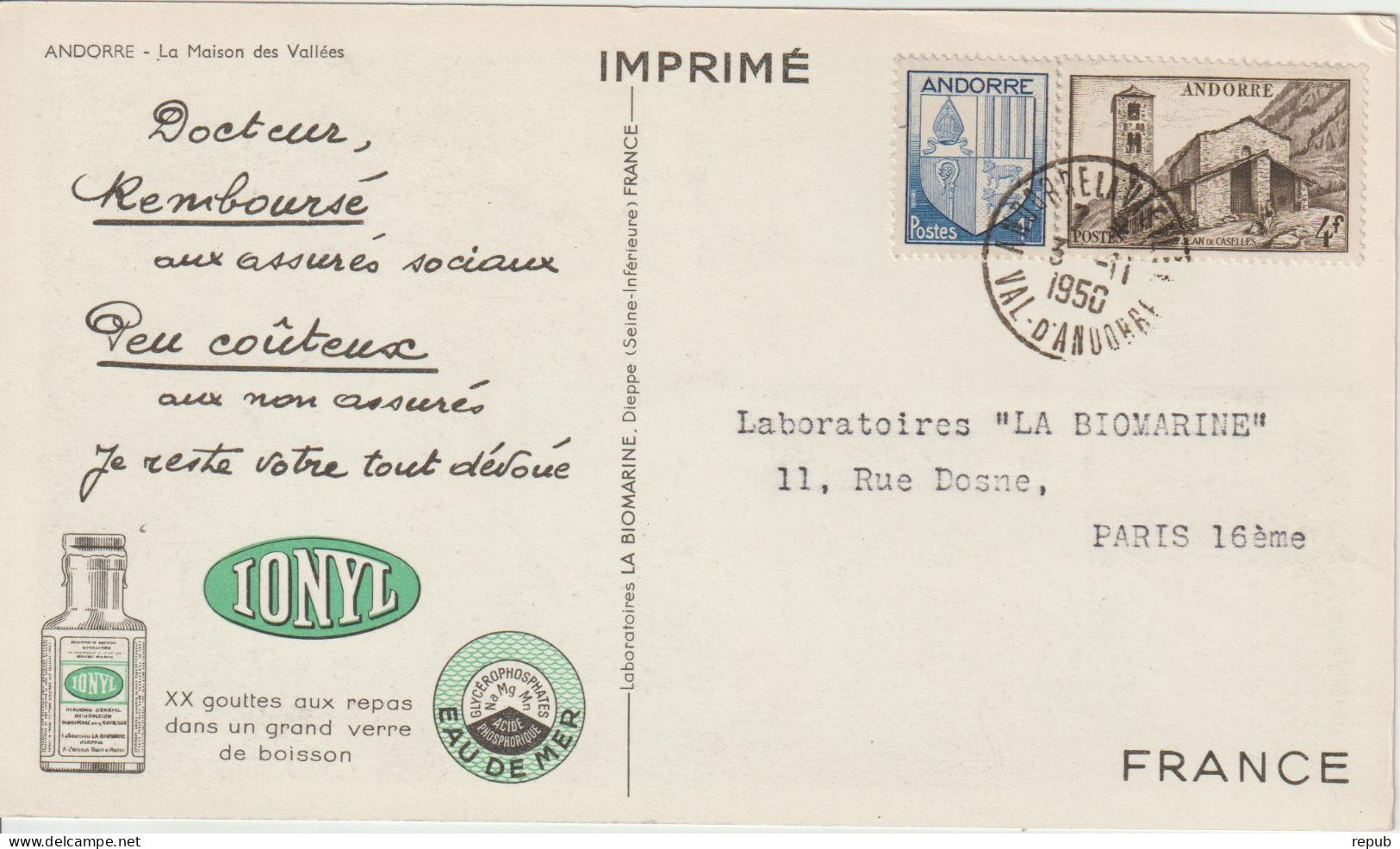 Andorre 1950 Carte Ionyl Biomarine Maison Des Vallées - Cartas & Documentos