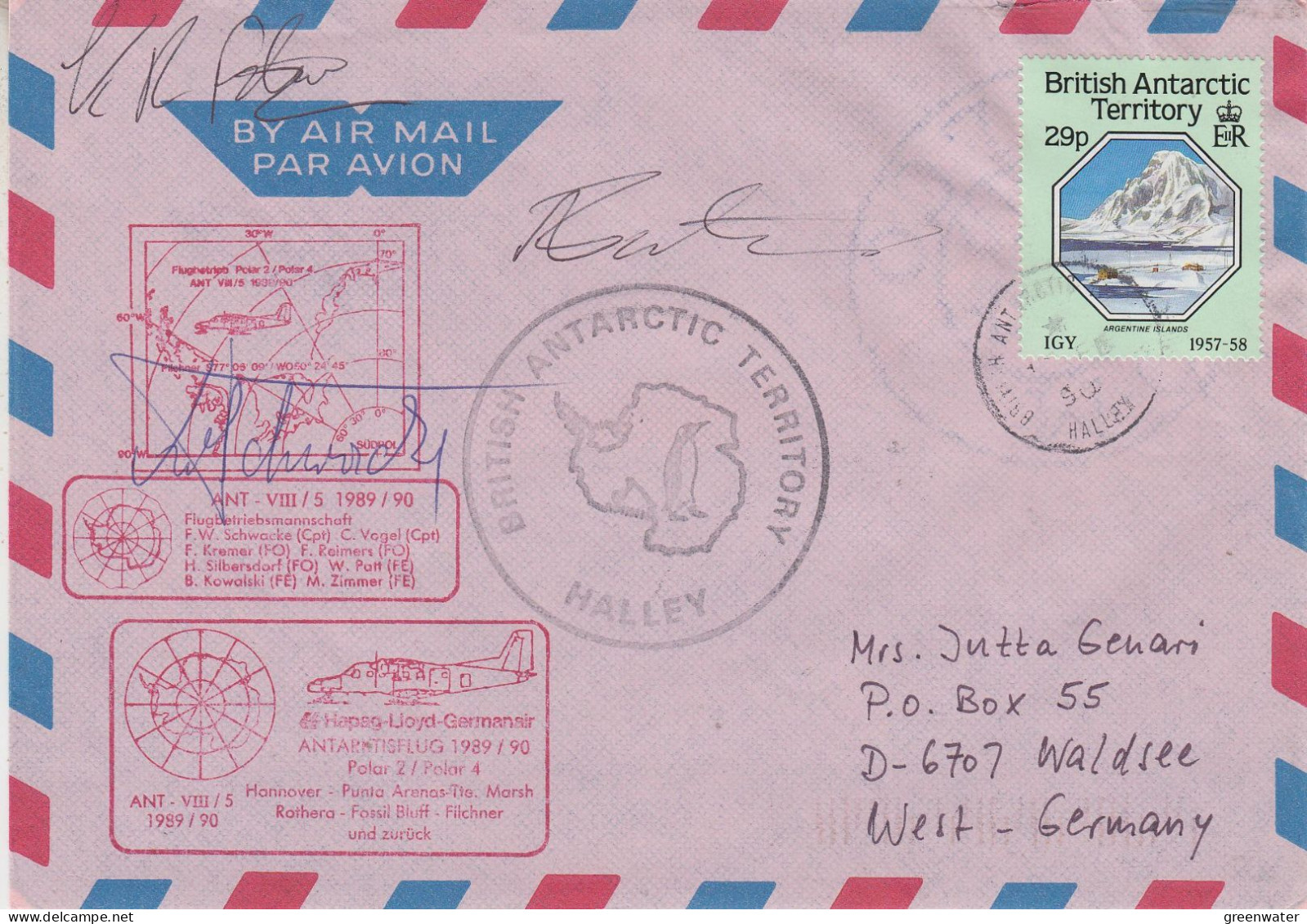 British Antarctic Territory (BAT) Antarctic Flight Polar 2 / Polar 4 3 Signatures  Ca Halley 19 FE 1990 (SZ164C) - Vuelos Polares