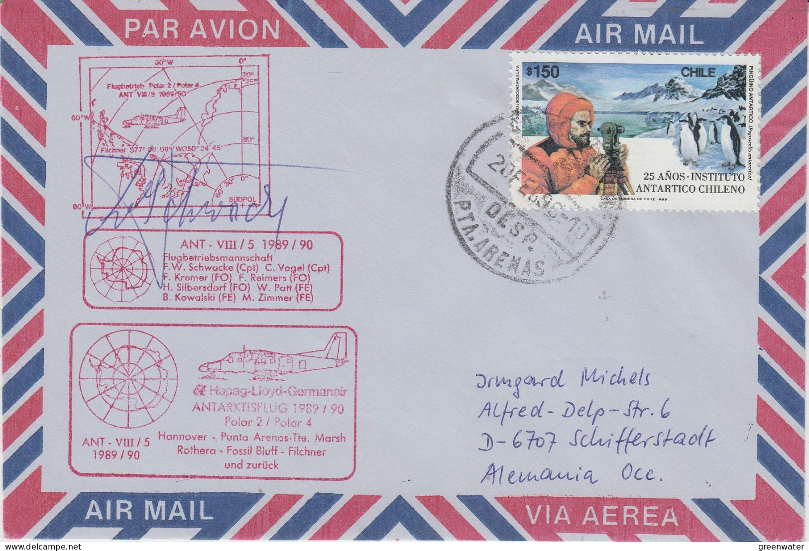 Chile Antarctic Flight Polar 2 / Polar 4- Signature Ca Punta Arenas  20 FEB 1990 (SZ164D) - Vuelos Polares