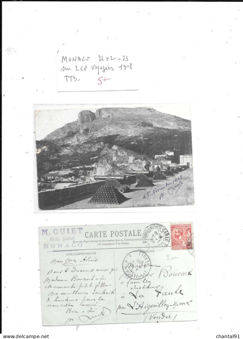 MONACO N° 22x2.23 OBL SUR 2 CP VOYAGEES 1908 - Storia Postale