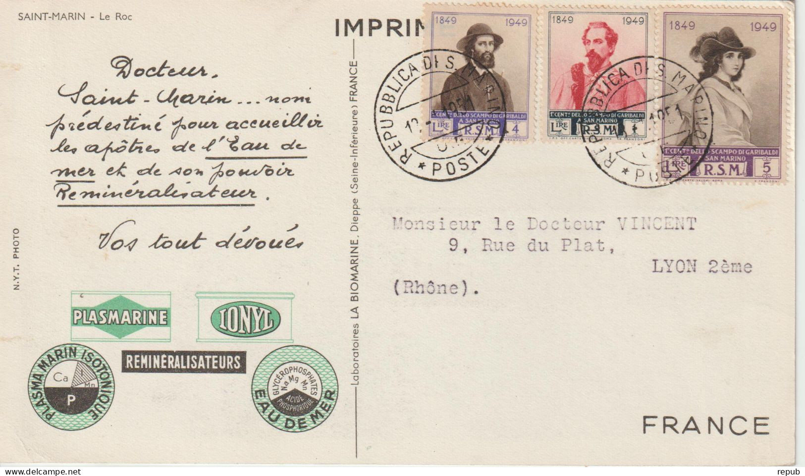 Saint Marin 1951 Carte Ionyl Biomarine Le Roc - Brieven En Documenten