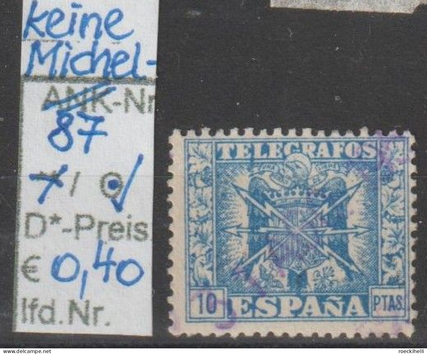 1949 - SPANIEN - FM/DM/Telegraph.marken "Wappen Mit Blitzen" 10 C Blau - O Gestempelt - S.Scan (telegr. YT87o Esp) - Telegrafi