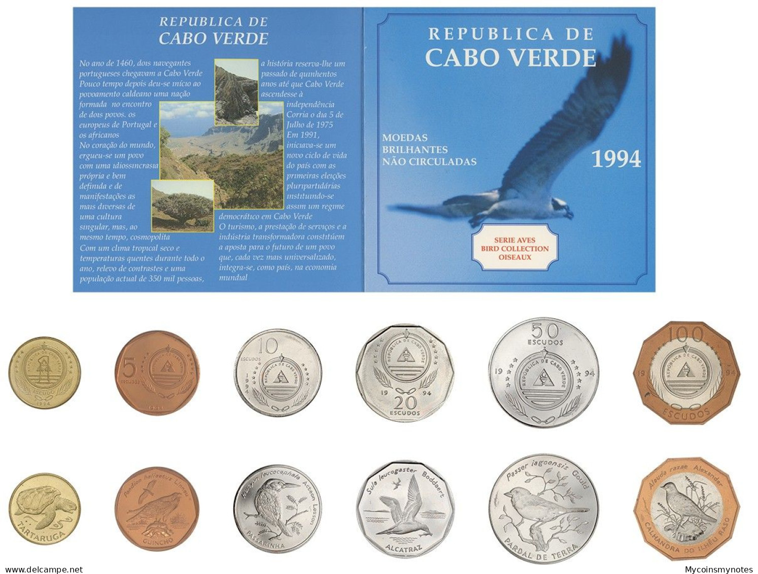 Cape Verde, 1994 Official Folder Set Of 6 Coins, Birds Series, Brilliant UNC - Cap Vert