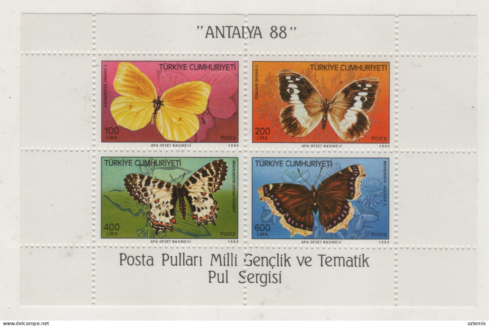 TURKEY,TURKEI,TURQUIE ,ANTALYA 88 POSTAGE STAMPS NATIONAL YOUTH AND THEMATIC EXHIBITION BUTTERFLIES MNH 1988 - Blocks & Kleinbögen