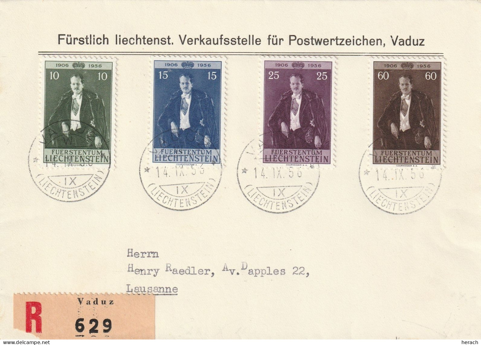 Liechtenstein Lettre Recommandée Vaduz Pour La Suisse 1956 - Storia Postale