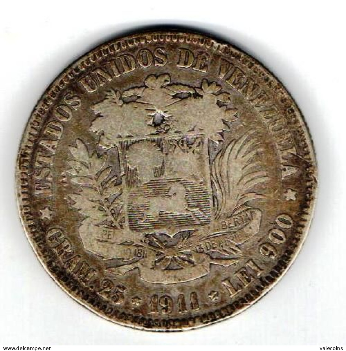 # VENEZUELA - 1911 - 5 Bolívares - KM 24 - BOLÍVAR -  ESTADOS UNIDOS DE VENEZUELA  GRAM.25  1911  LEI 900 Argent Silver - Venezuela