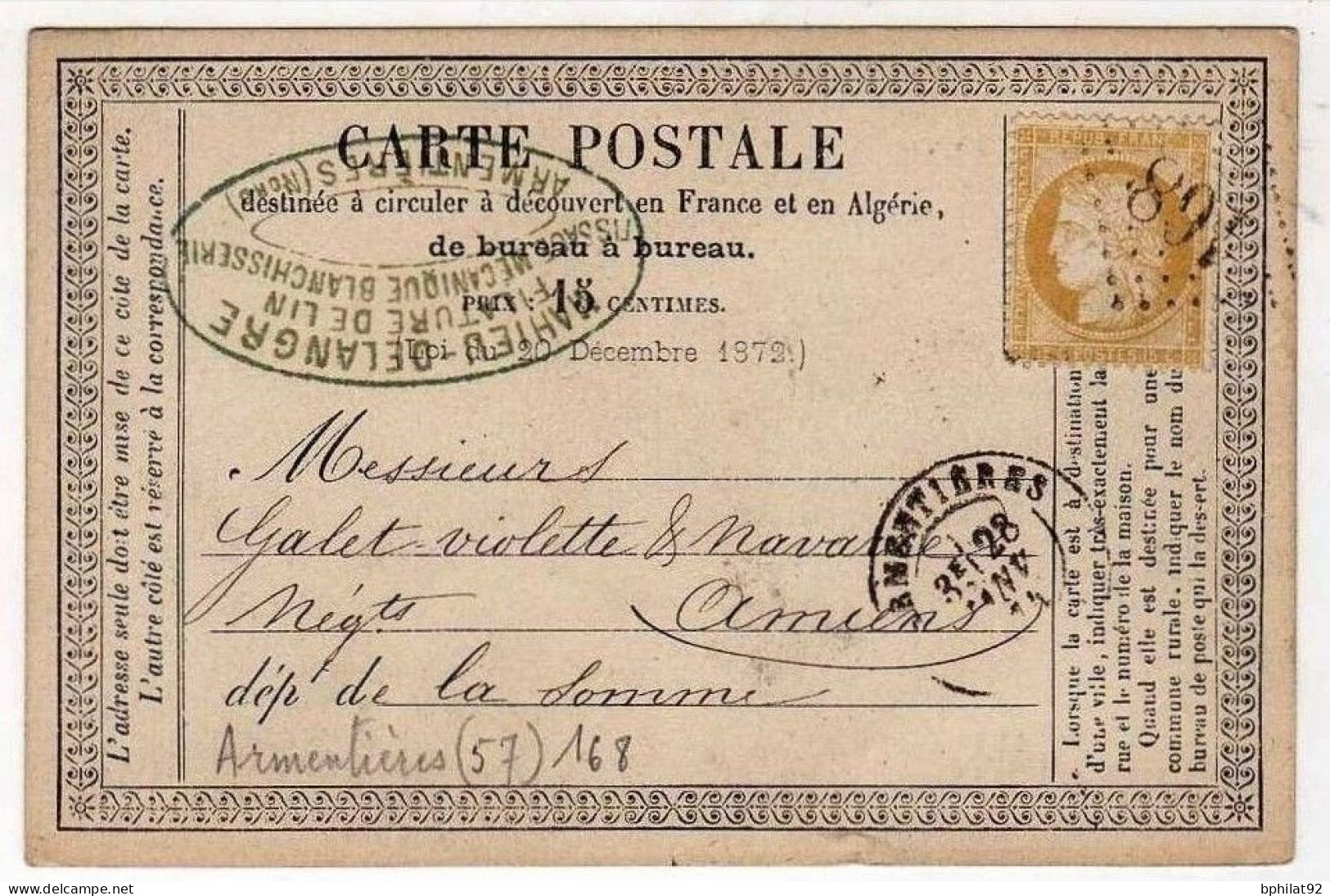 !!! CARTE PRECURSEUR CERES CACHET D'ARMENTIERES (NORD) 1874 - Cartes Précurseurs