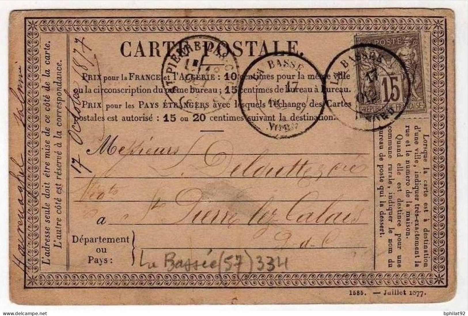 !!! CARTE PRECURSEUR TYPE SAGE CACHET DE LA BASSEE (NORD) 1877 - Cartes Précurseurs