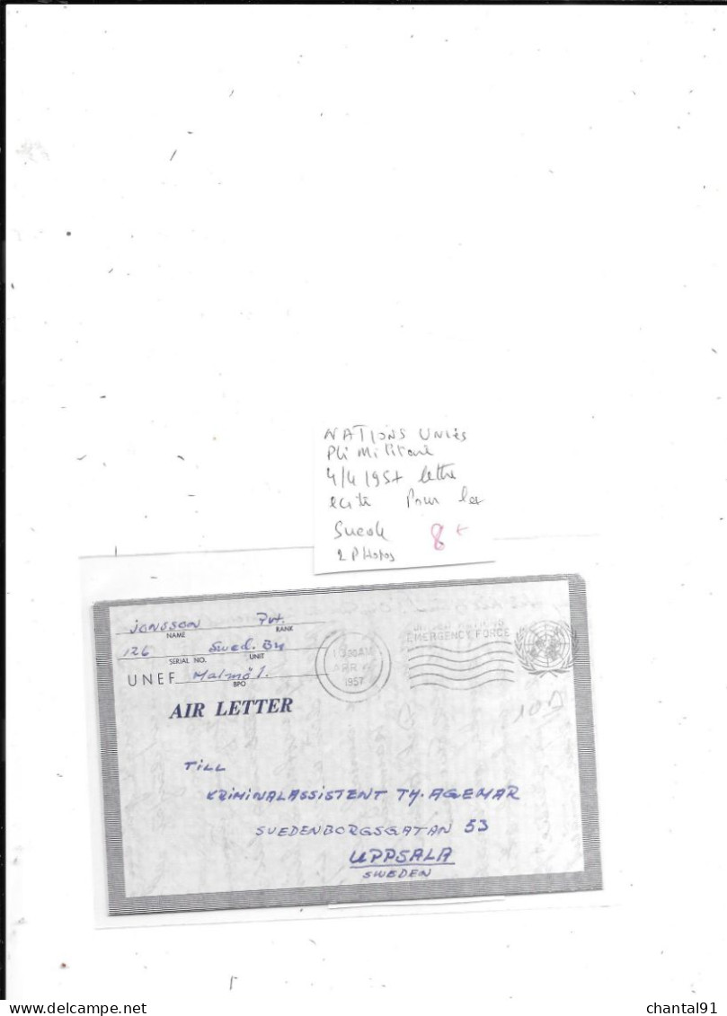 NATIONS UNIES PLI MILITAIRE 4/4/1957 LETTRE ECRITE POUR LA SUEDE - Militaire Zegels