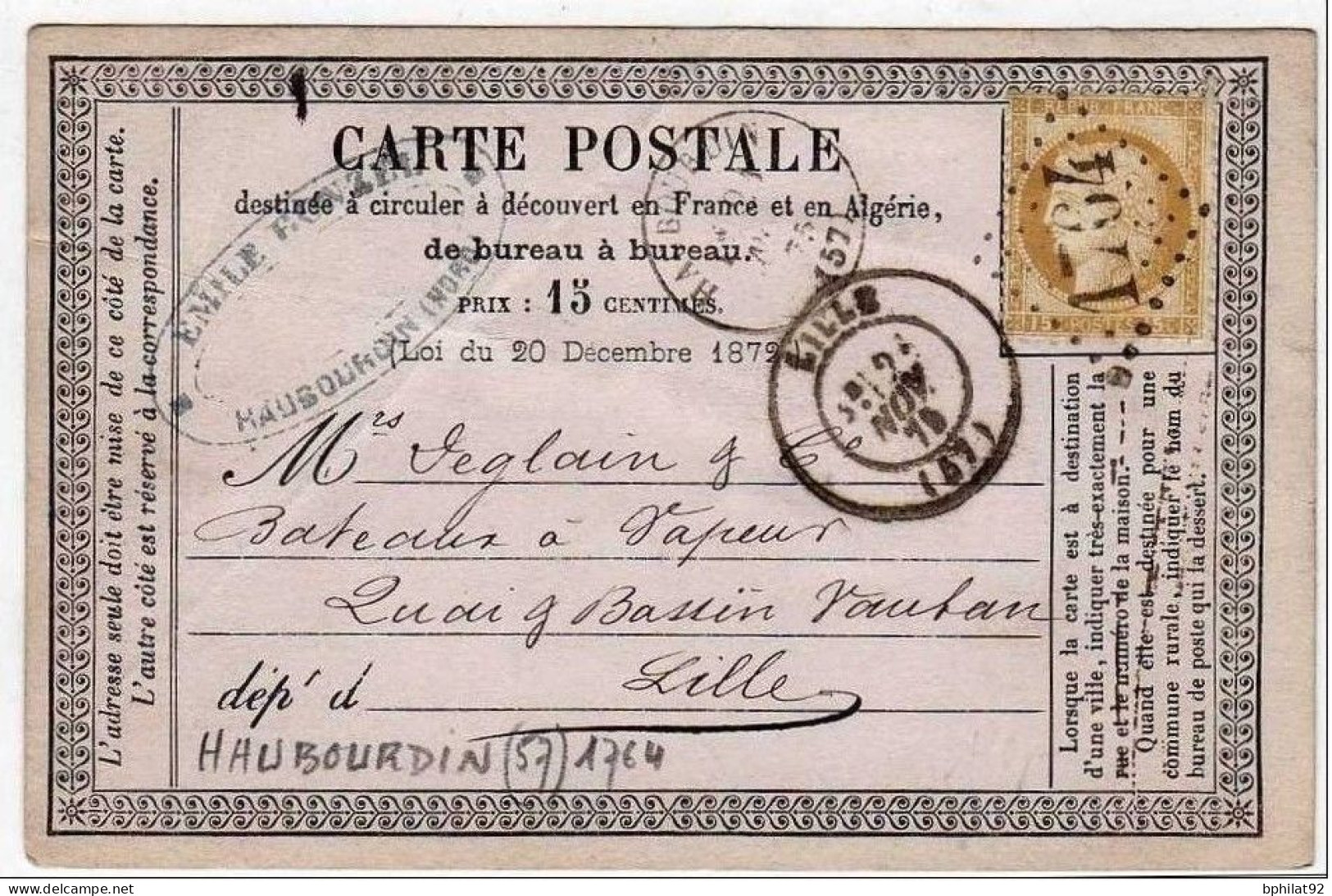 !!! CARTE PRECURSEUR CERES CACHET DE HAUBOURDIN (NORD) 1875 - EN L'ETAT - Cartes Précurseurs