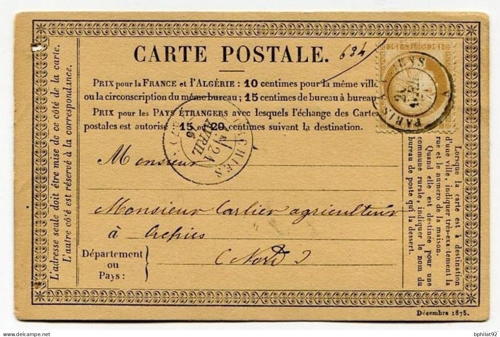 !!! CARTE PRECURSEUR TYPE CERES CACHET D'ORCHIES (NORD) 1876 - Cartes Précurseurs