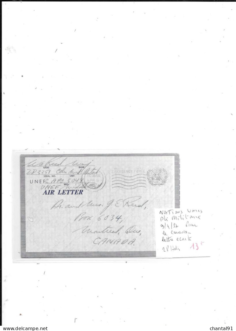 NATIONS UNIES PLI MILITAIRE 9/4/57 POUR LE CANADA LETTRE ECRITE - Storia Postale