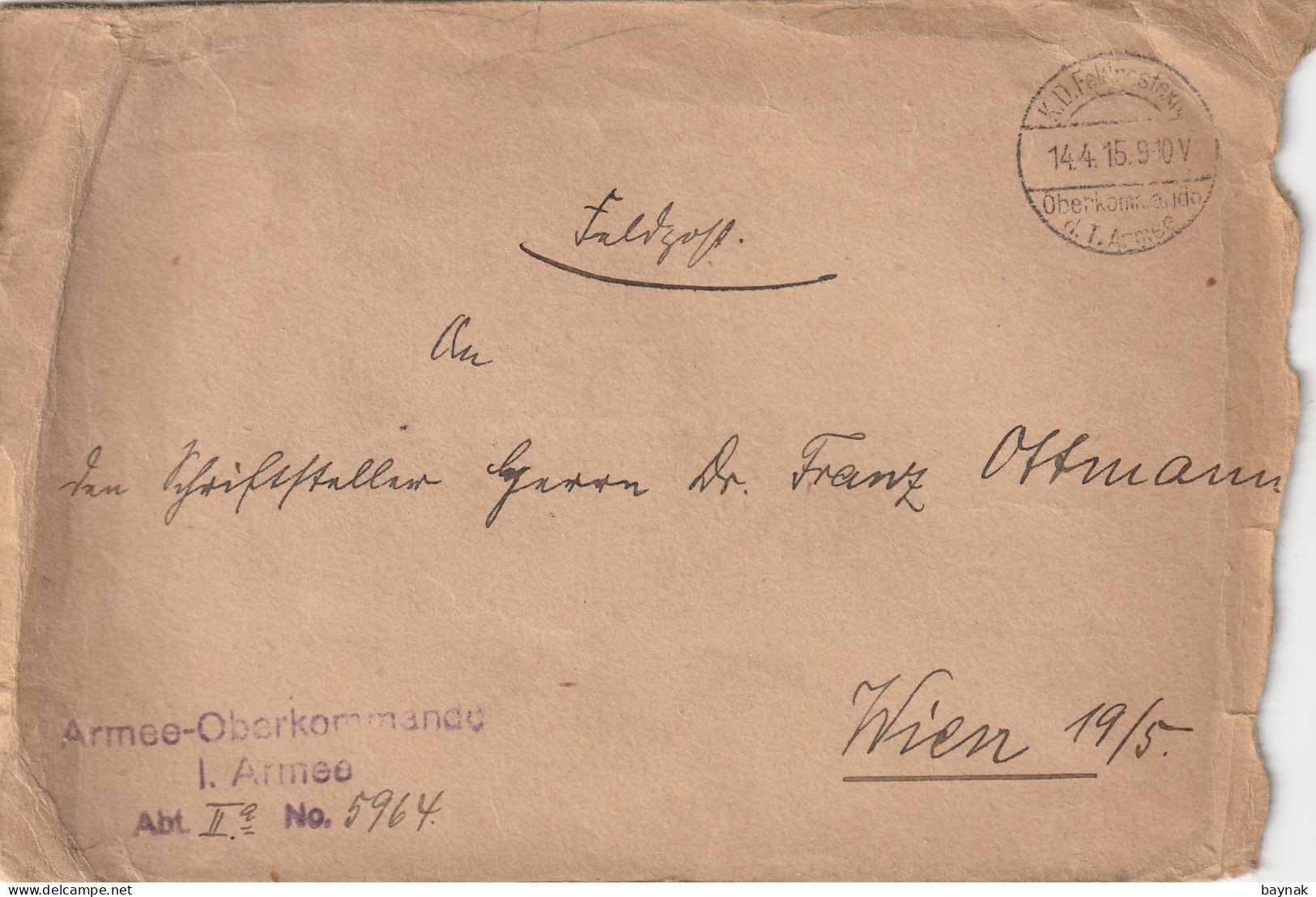 AUSTRIA  --  WW1 --  K. U. K. FELDPOST --  ARMEE - OBERKOMMANDO  I. ARMEE  --  Abt. II.a  No. 5965 -   BRIEF OHNE INHALT - 1914-18