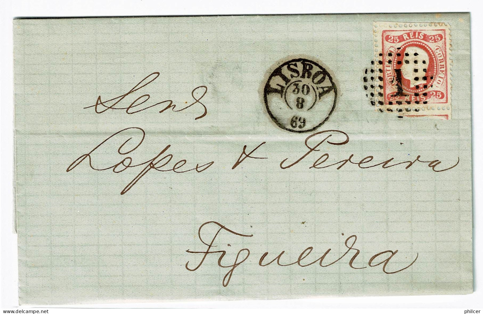 Portugal, 1869, # 30, Para Figueira - Lettres & Documents