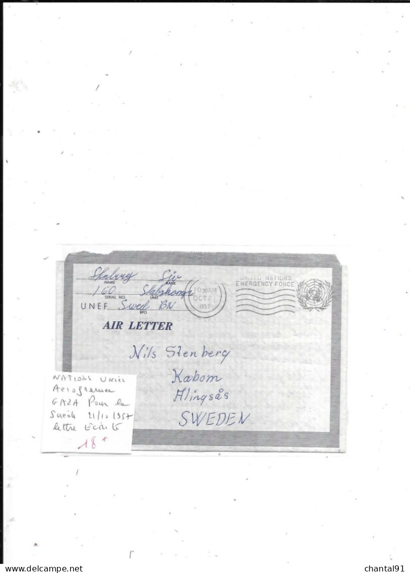 NATIONS UNIES AEROGRAMME GAZA POUR LA SUEDE LETTRE ECRITE 21/10/1957 - Militaire Zegels