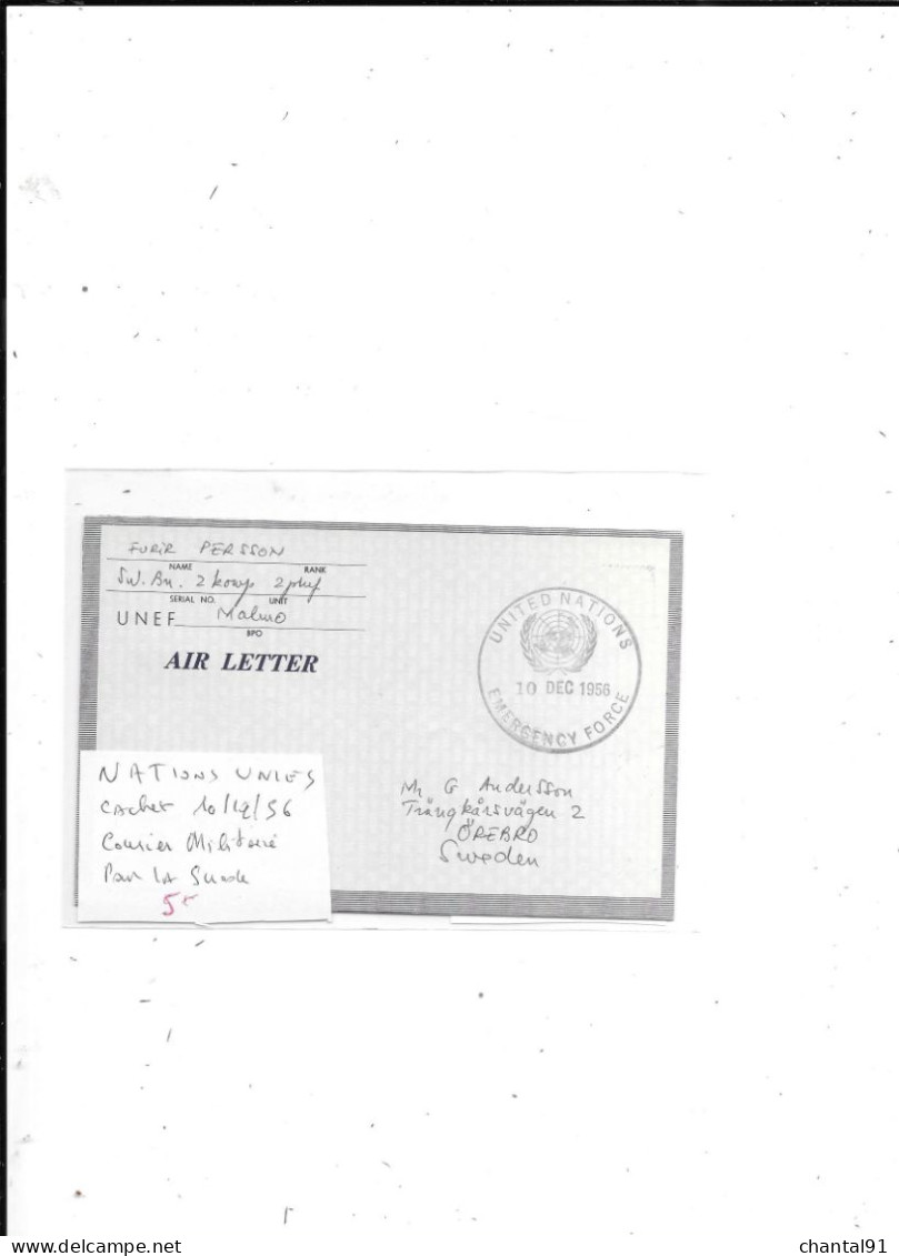 NATIONS UNIES COURRIER MILITAIRE CACHET 10/12/56 POUR LA SUEDE - Militaires