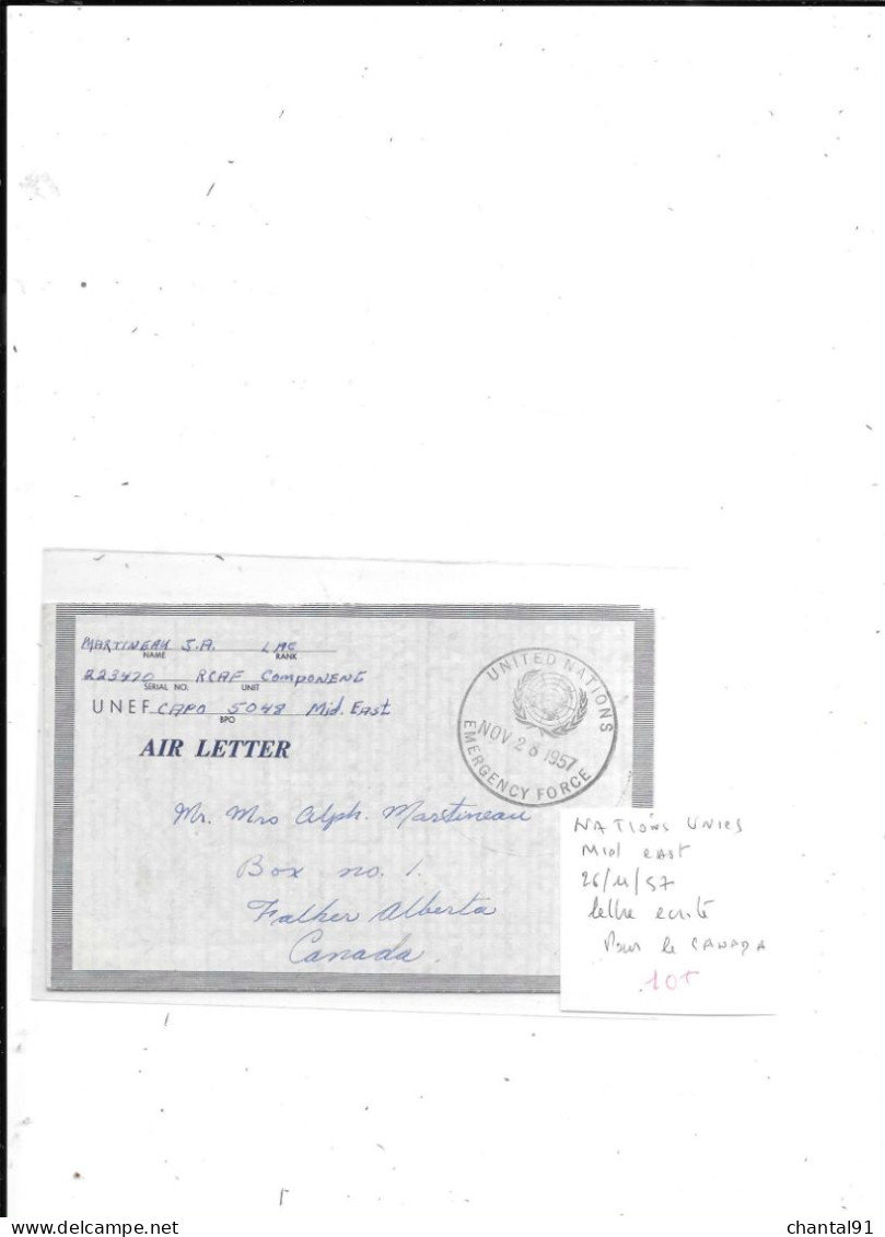 NATIONS UNIES MIDDLE EAST LETTRE ECRITE POUR LE CANADA 26/11/57 - Collections, Lots & Séries