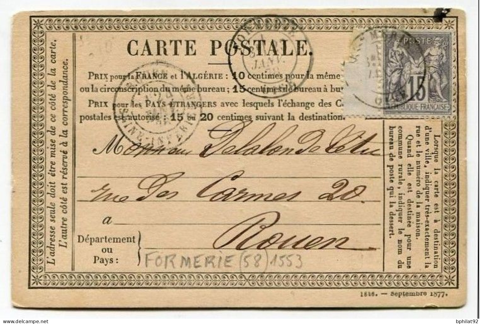 !!! CARTE PRECURSEUR TYPE SAGE CACHET DE FORMERIE (OISE) 1878 - Cartes Précurseurs