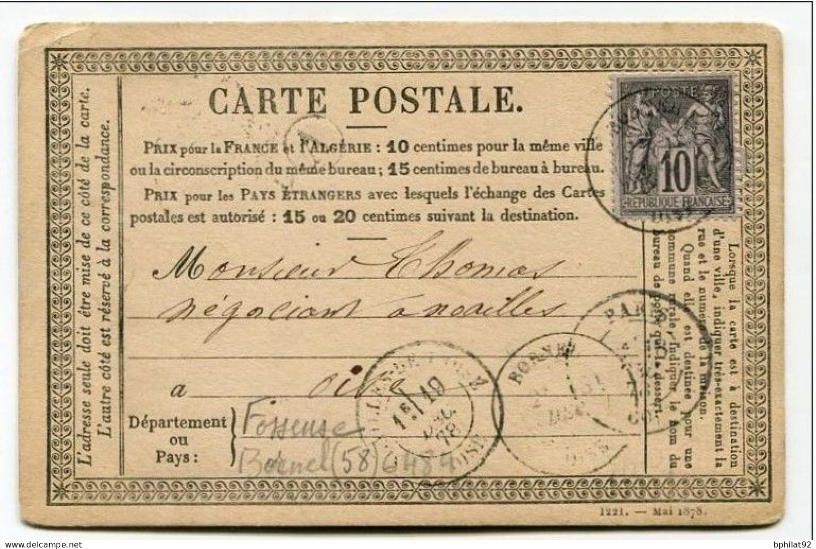 !!! CARTE PRECURSEUR TYPE SAGE CACHET DE FOSSEUSE BORNEL (OISE) 1878 - Cartes Précurseurs