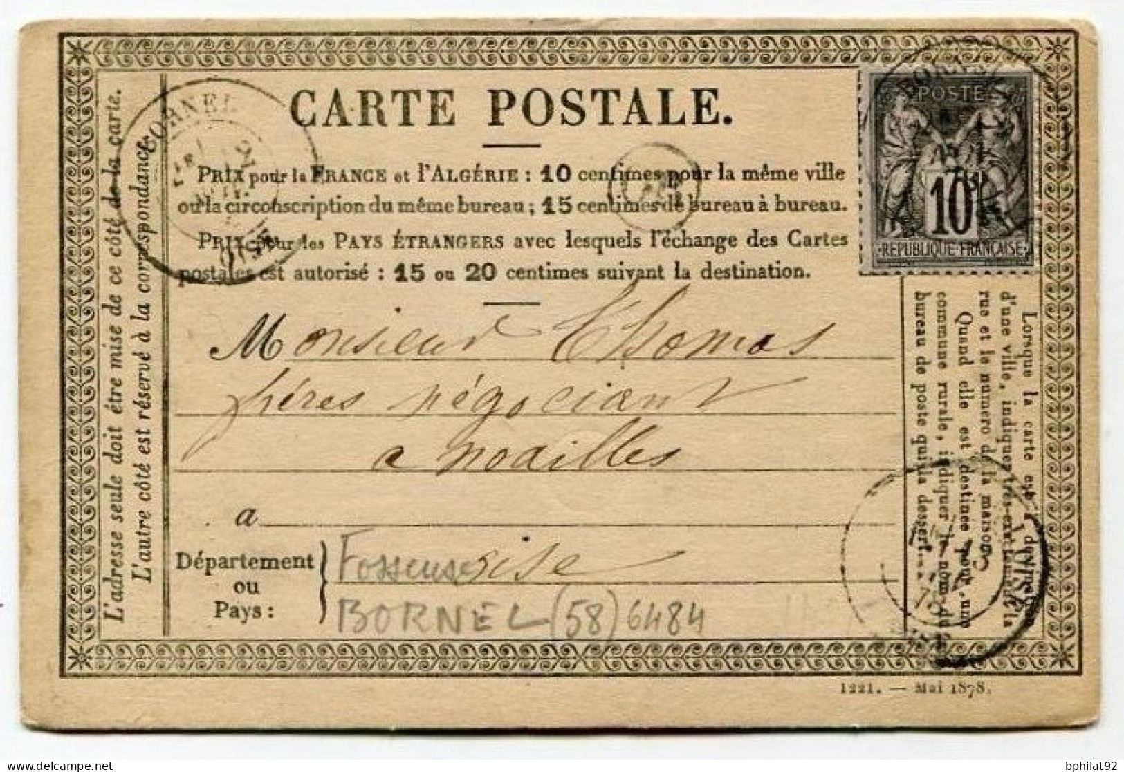 !!! CARTE PRECURSEUR TYPE SAGE CACHET DE FOSSEUSE BORNEL (OISE) 1878 - Cartes Précurseurs