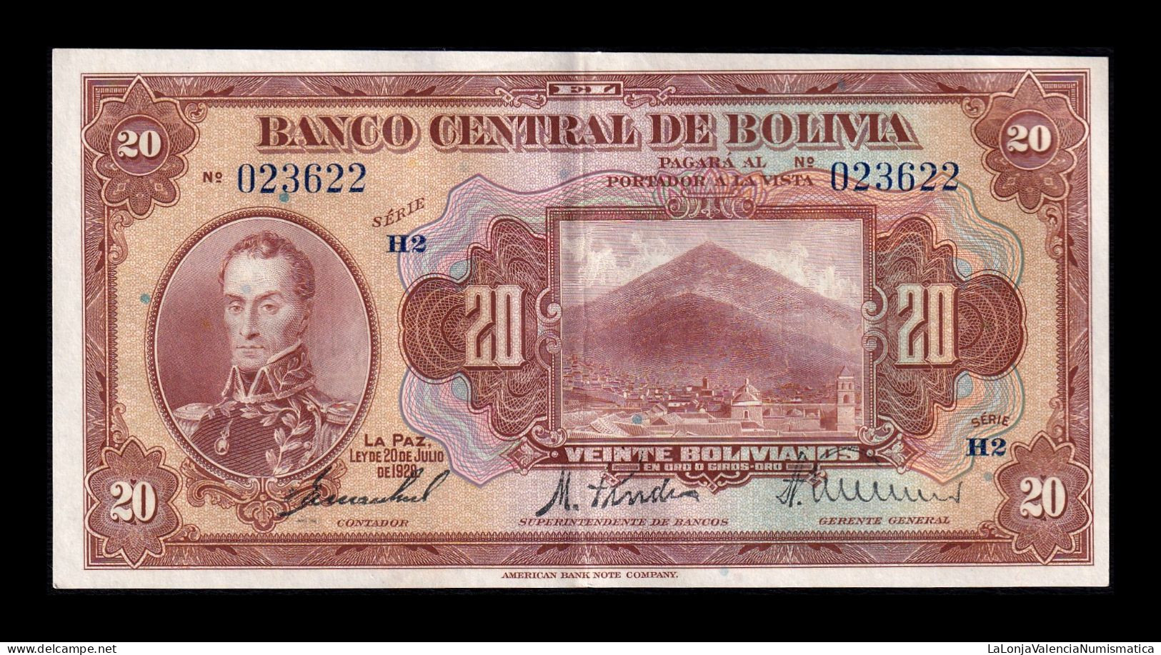 Bolivia 20 Bolivianos 1928 Pick 122a(9) Serie H2 Mbc+/Ebc Vf+/Xf - Bolivie