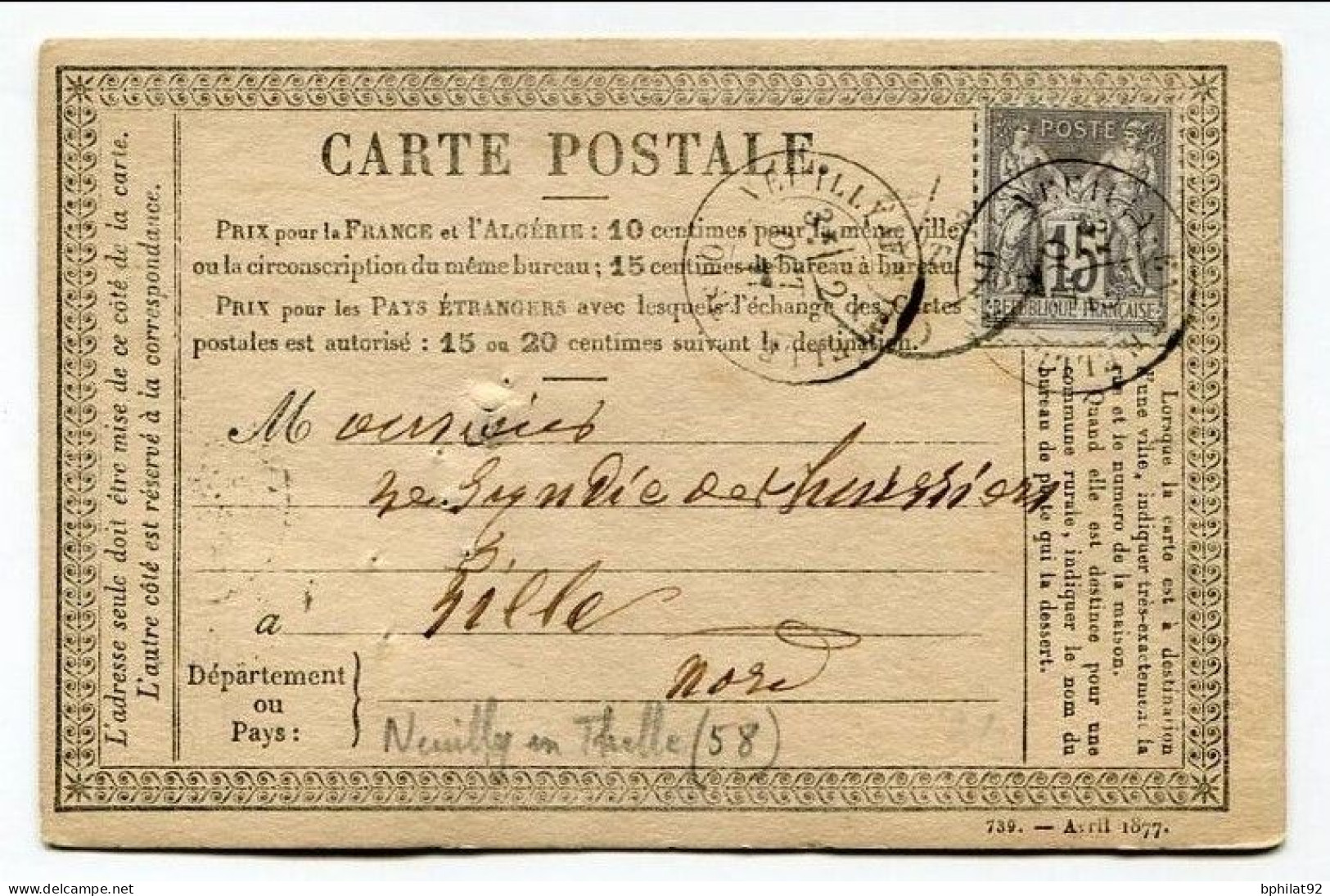 !!! CARTE PRECURSEUR TYPE SAGE CACHET DE NEUILLY EN THELLE (OISE) 1877 - Cartes Précurseurs
