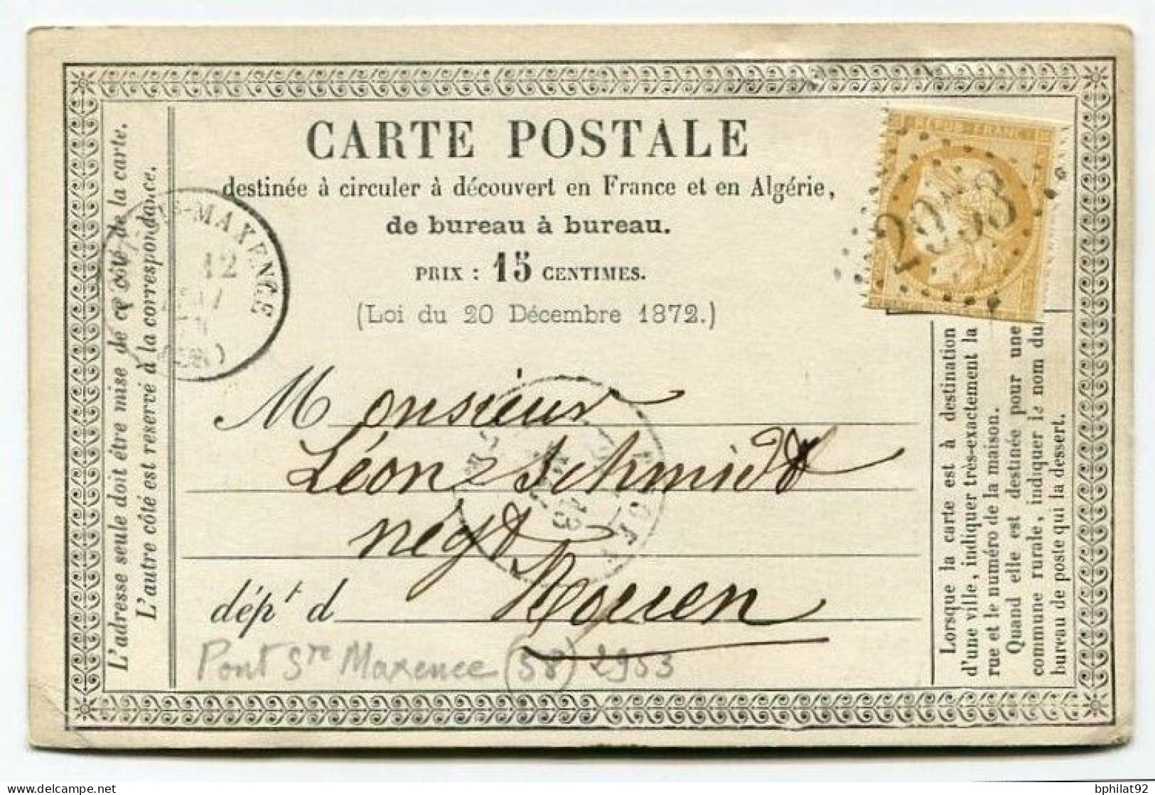 !!! CARTE PRECURSEUR CERES CACHET PONT ST MAXENCE (OISE) 1874 - Cartes Précurseurs