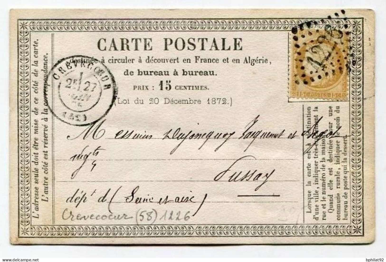 !!! CARTE PRECURSEUR CERES CACHET DE CREVECOEUR (OISE) 1875 - Cartes Précurseurs