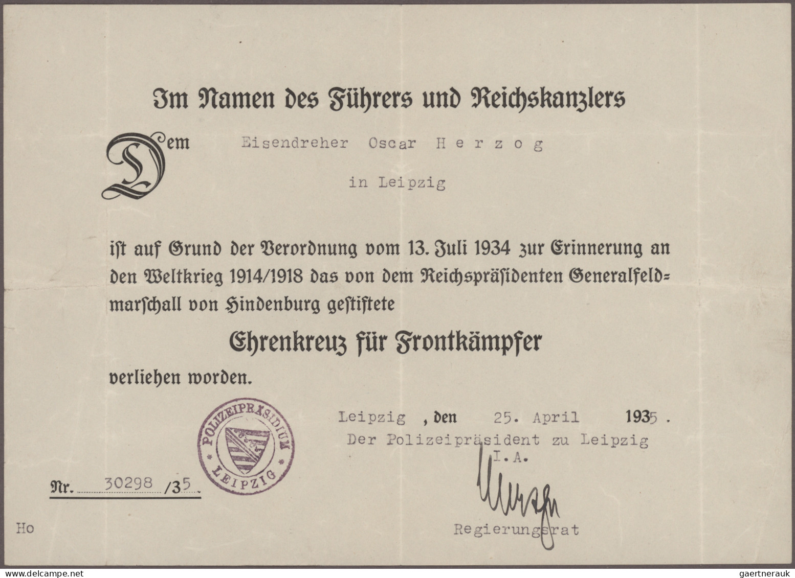 Varia (im Briefmarkenkatalog): 3.Reich: KVK 2.Kl Ohne Schwerter Mit Punze 19 Und - Autres & Non Classés