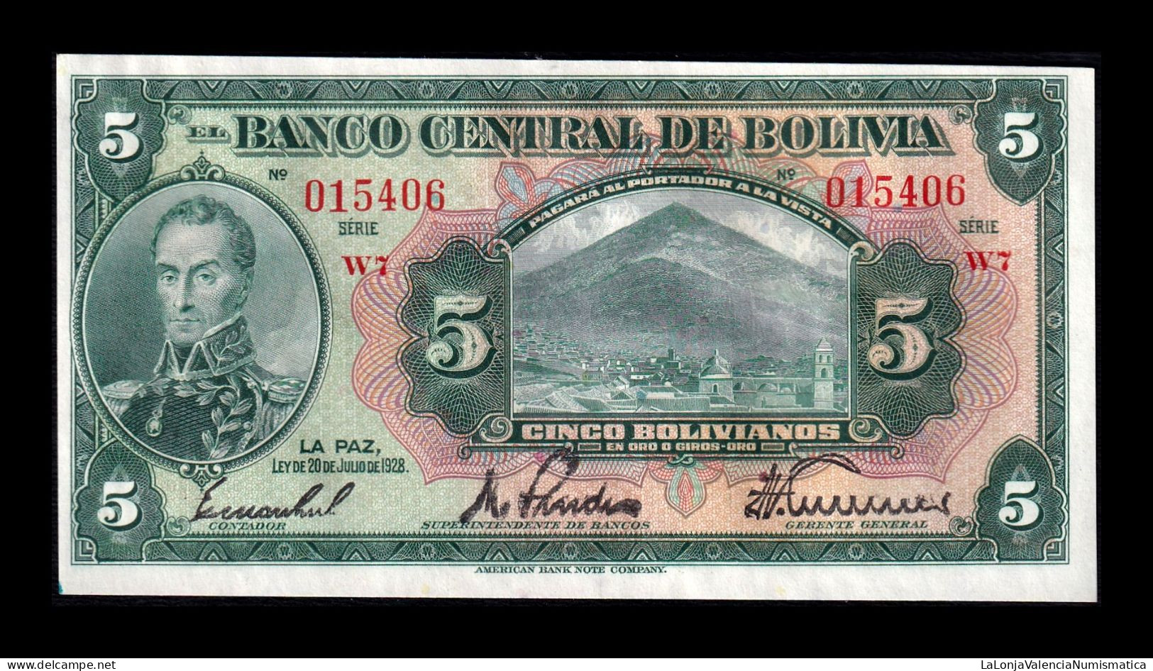 Bolivia 5 Bolivianos 1928 Pick 120a(7-1) Serie W7 Sc-/Sc AUnc/Unc - Bolivia