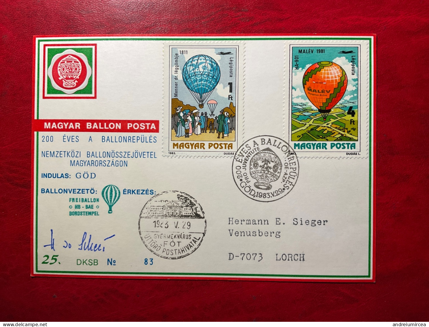 1983 Magyar Ballon Posta 200 Eves A Ballonrepules - Covers & Documents