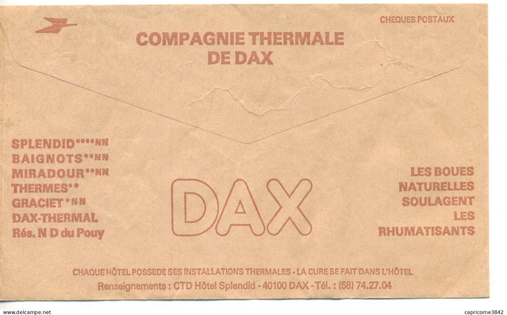 Enveloppe Des CCP - Publicité Verso:  COMPAGNIE THERMALE DE DAX-Les Boues Naturelles Soulagent Les Rhumatismes - Thermalisme