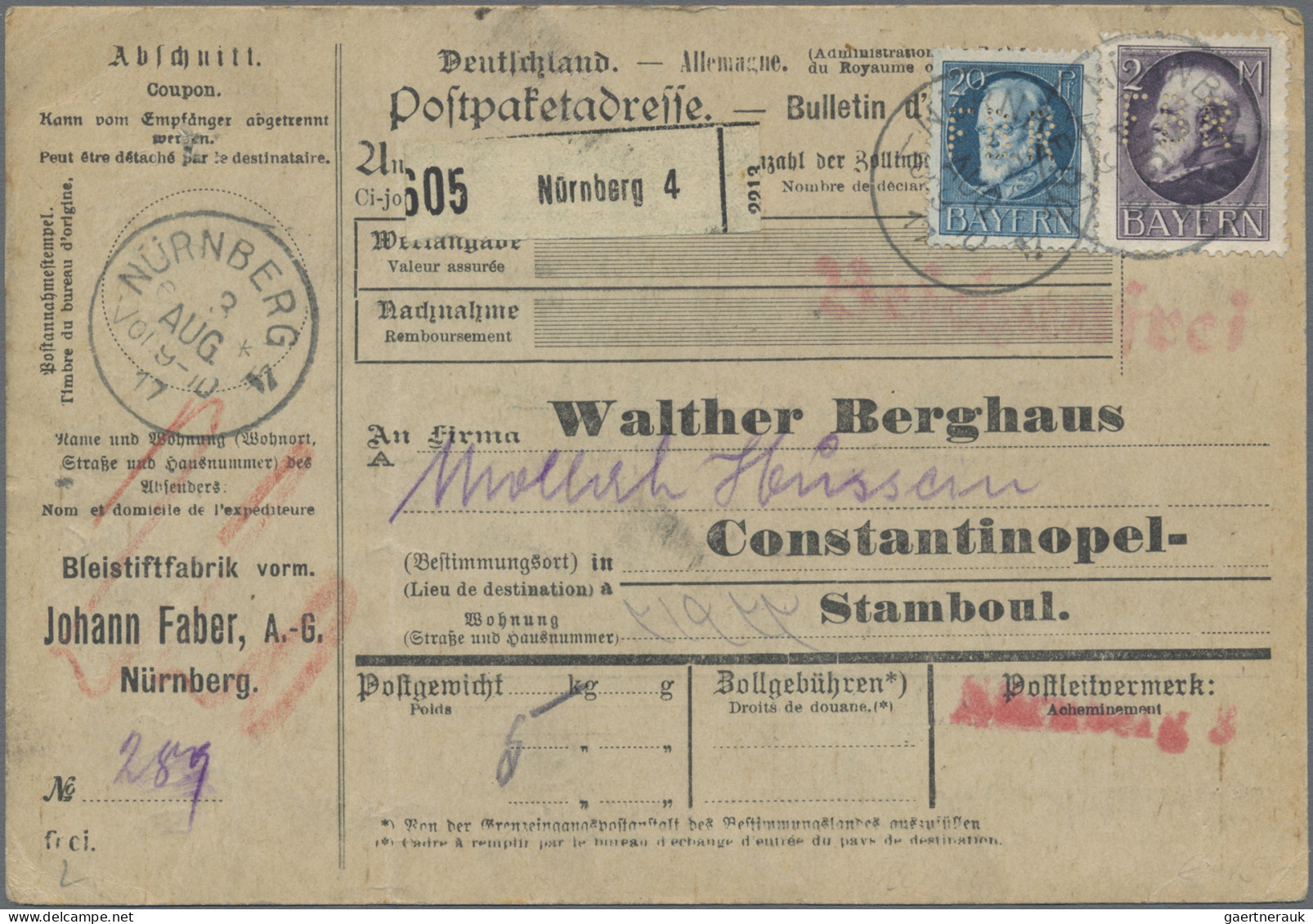Bayern - Marken Und Briefe: 1882/1917, Partie Von Acht Auslands-Paketkarten (mit - Sonstige & Ohne Zuordnung