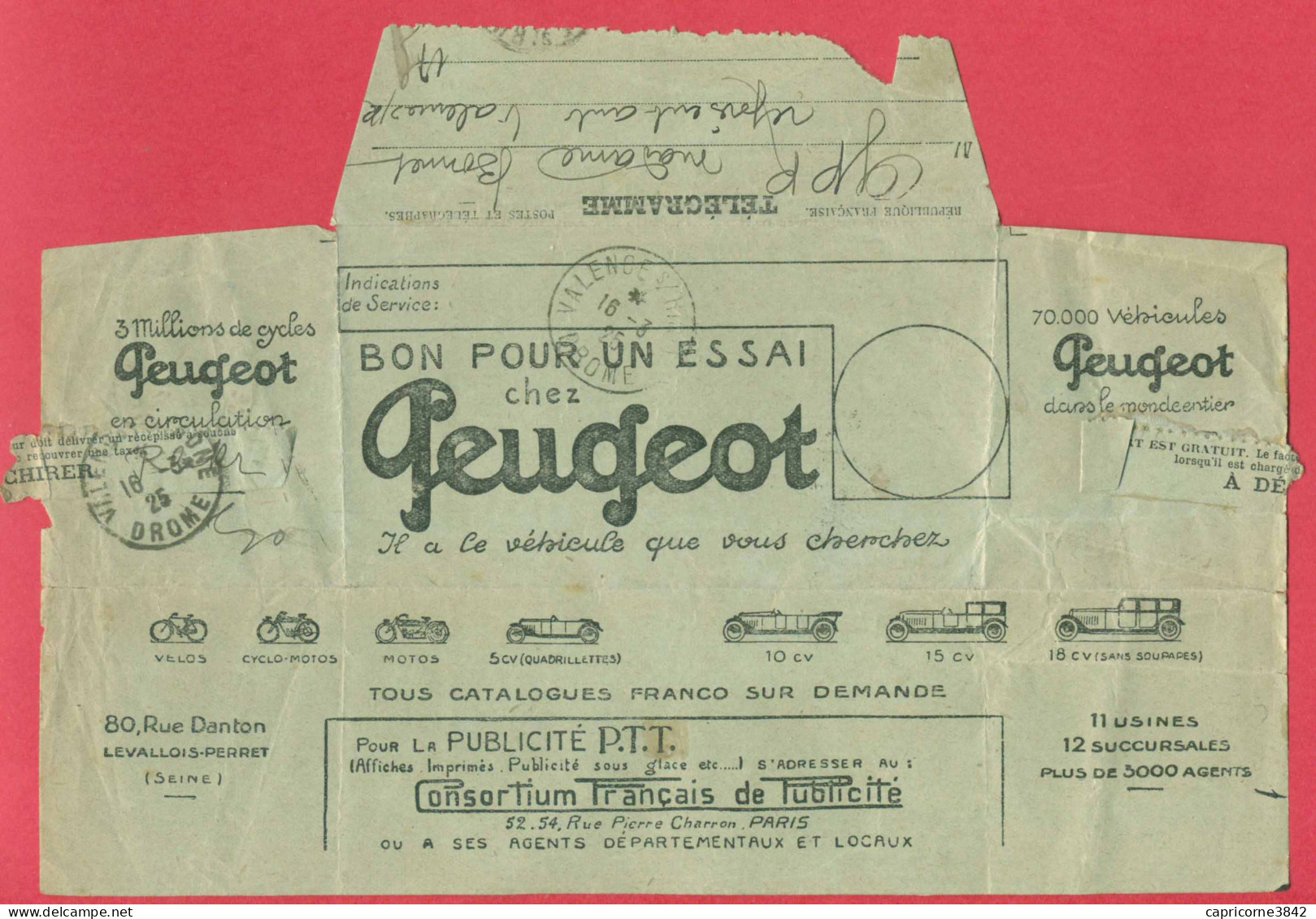 1925 - Télégramme Modèle 701 - Publicité PEUGEOT Et Consortium Français De Publicité - Telegraph And Telephone