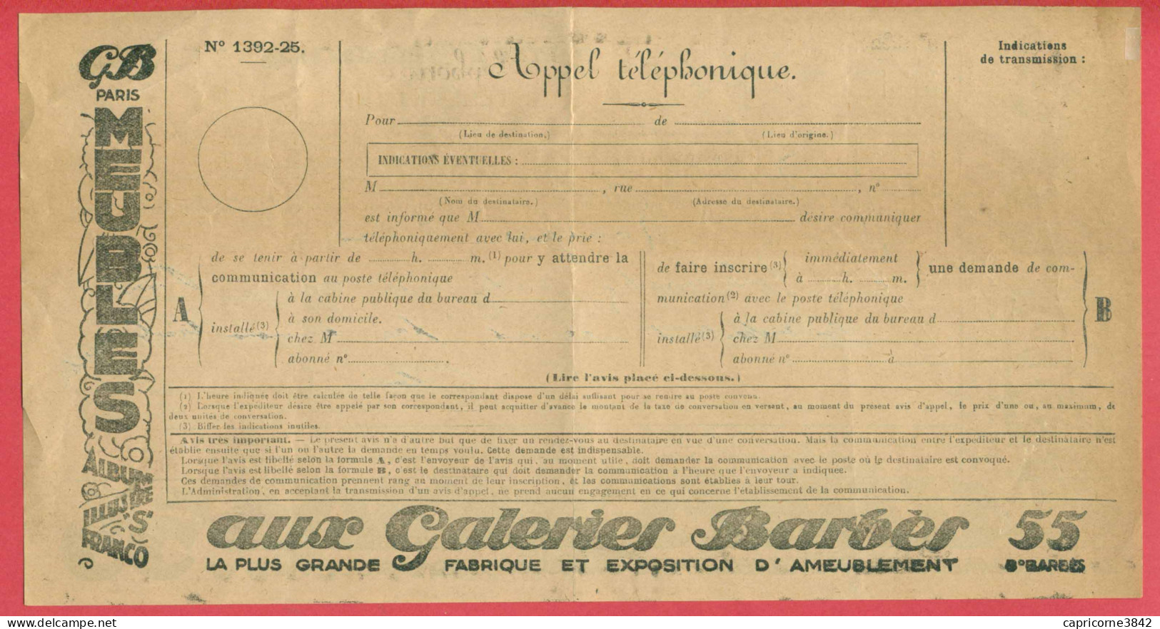 Télégramme Des Postes Et Télégraphes - Publicité Pour Les GALERIES BARBES - Paris - Meubles - Telegramas Y Teléfonos