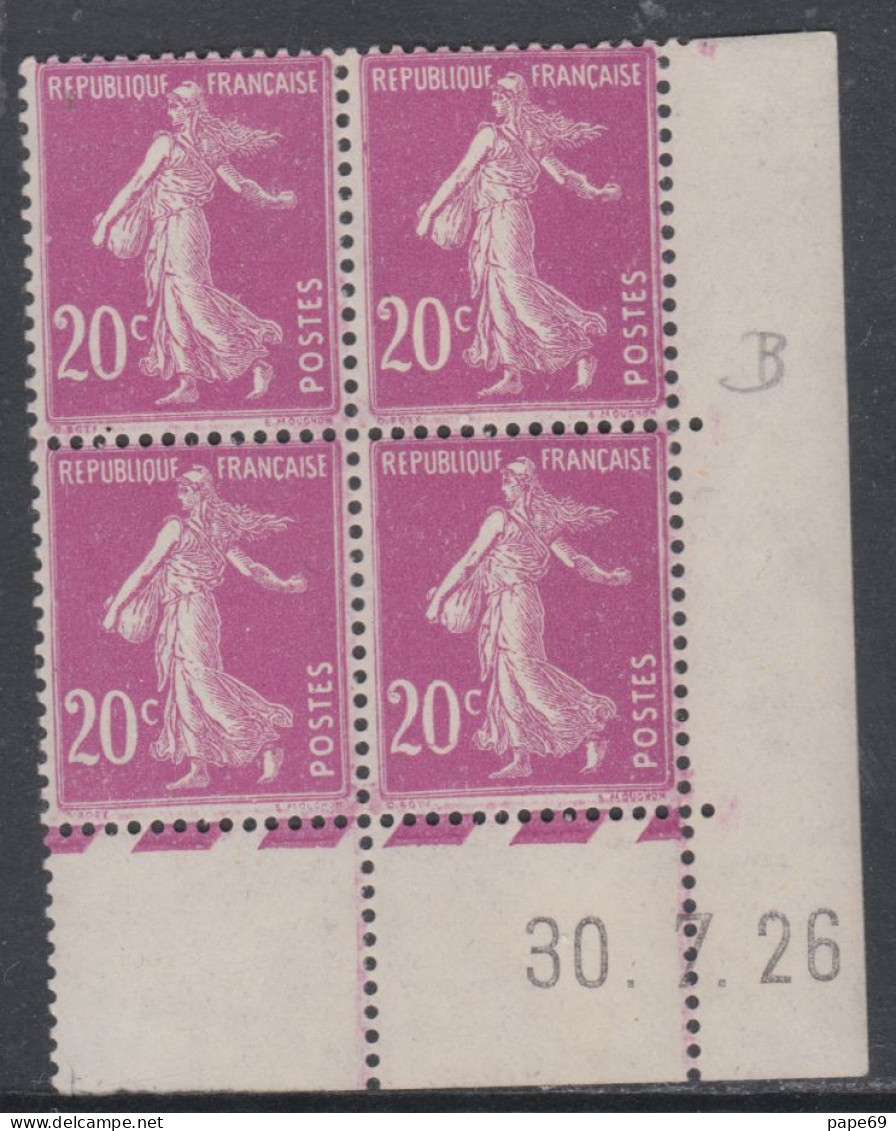 France N° 190 XX  Semeuse : 20 C. Lilas-rose  En Bloc De 4 Coin Daté Du 30 .7 . 26  Sans Point Blanc, Sans Charnière, TB - ....-1929