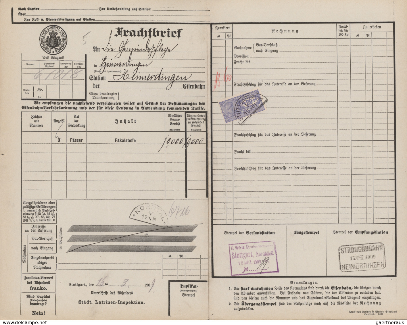 Württemberg - Bahnpost: 1872/1921, Osten Mit Vielen Kompl. Frachtbriefen, Teils - Other & Unclassified