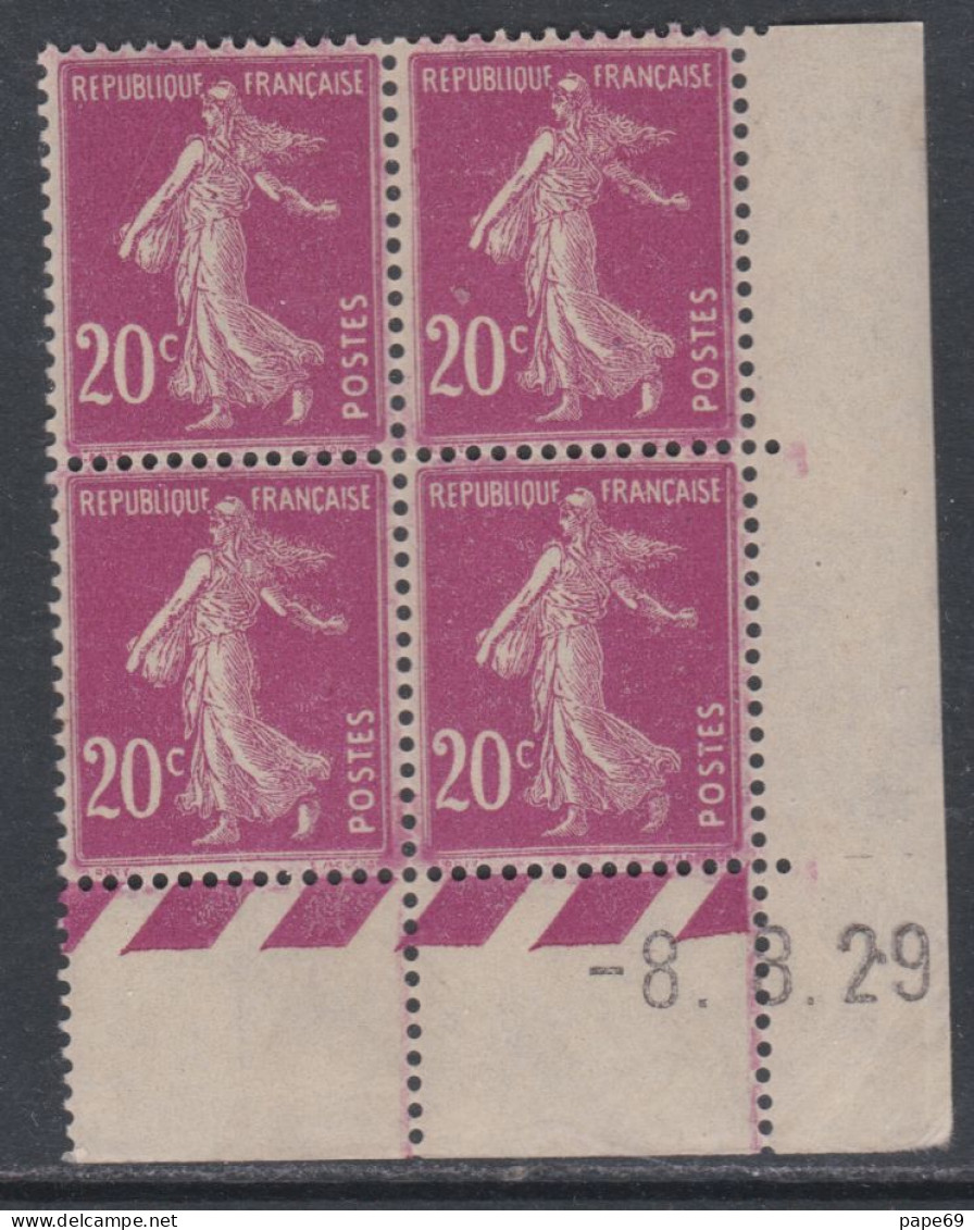 France N° 190 XX  Semeuse : 20 C. Lilas-rose  En Bloc De 4 Coin Daté Du 8 .8 . 29  Sans Point Blanc, Sans Charnière, TB - ....-1929