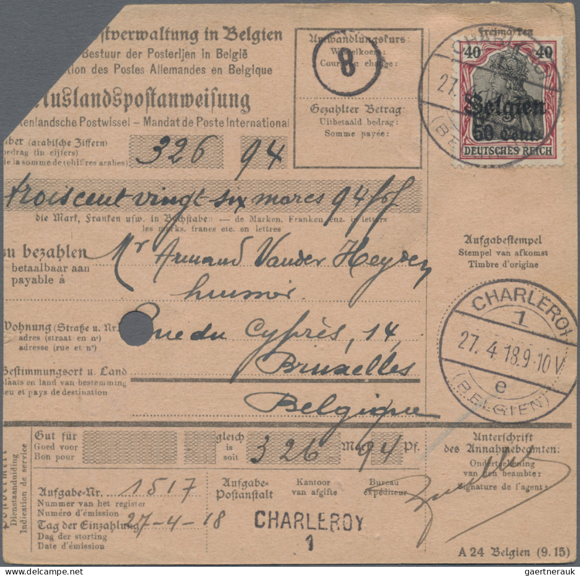 Deutsche Besetzung I. WK: Landespost in Belgien: 1918, Partie von frankierten 15